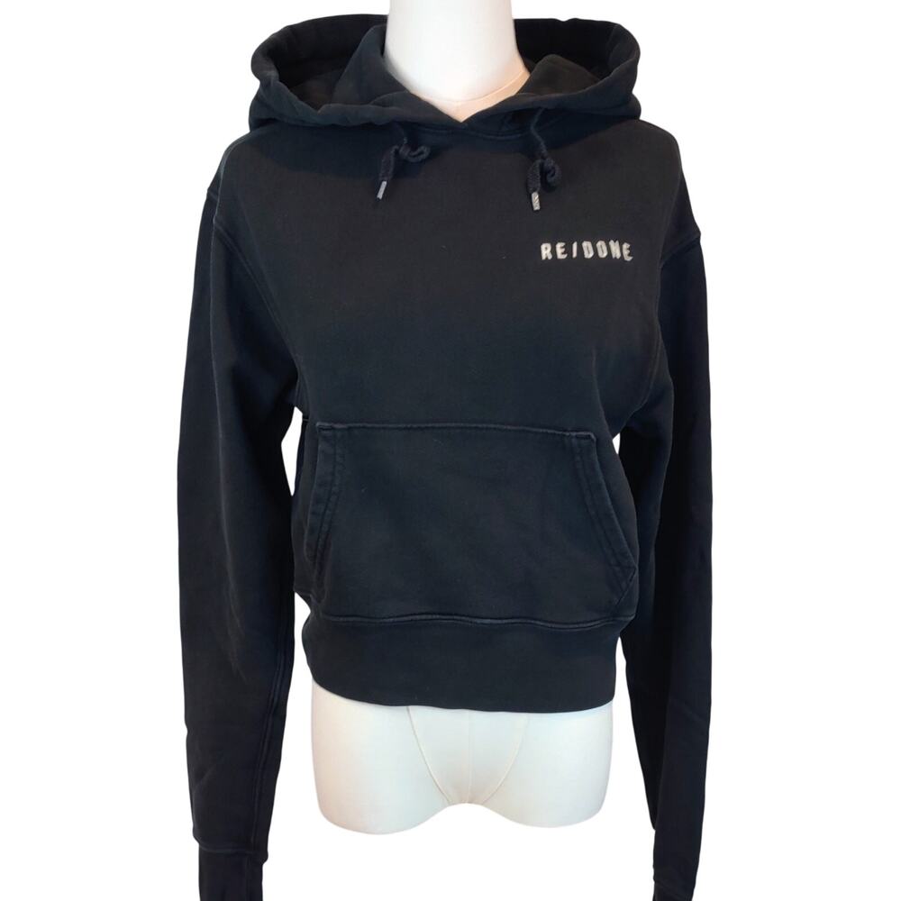 Re/Done Black Long Sleeve Crop Logo Hoodie Size Small Pull Over Sweatshirt